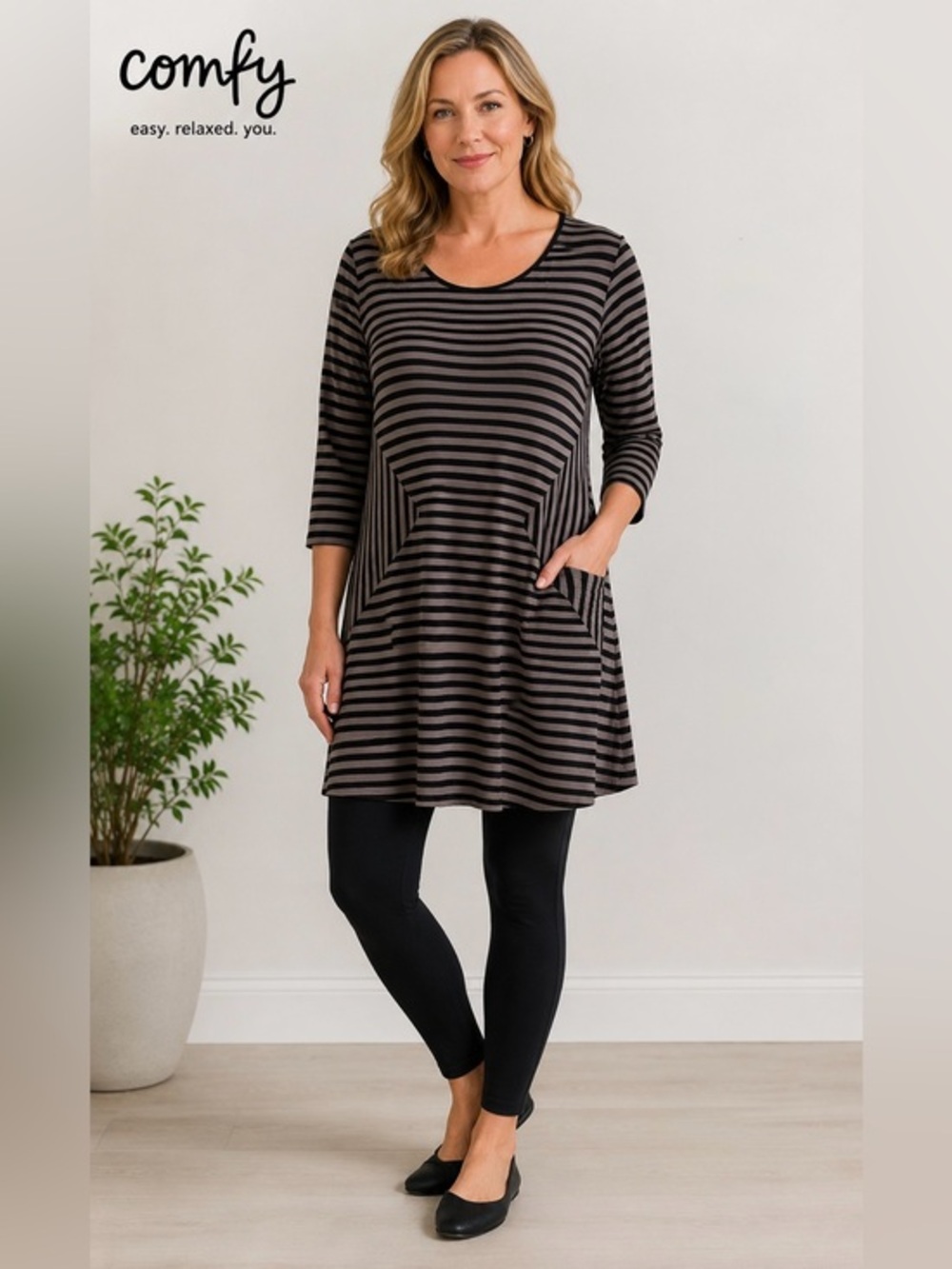 COMFY USA LAGENLOOK BLACK BROWN STRIPED 3/4 SLEEVES BUSINESS DRESS TUNIC TOP M